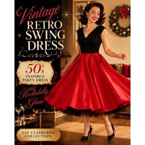 Vintage Liz Claiborne 50s Style Swing Dress Red Black Rockabilly Size 12